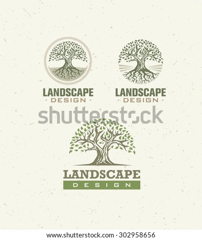 Landscape Design Creative Vector Concept. Tree With Roots Inside Circle Organic Sign Set On Craft Paper Background.