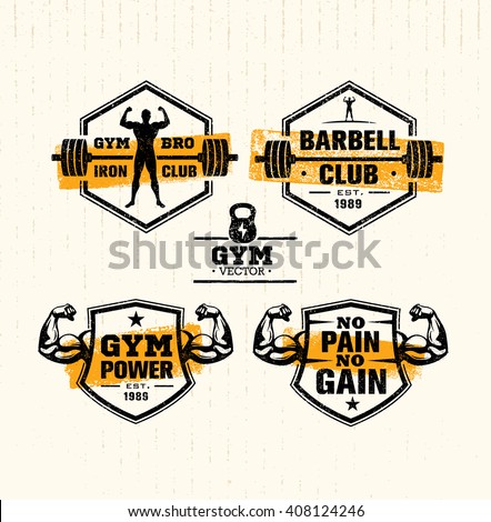 Gym Athletic Strong Vector Signs Set. Sport And Fitness Training Creative Raw Illustration. Workout Motivation Badges On Rusty Background. Fit Insignia Set. Gym Strong Badges. Gym Banner Set.