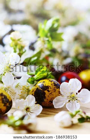 Easter eggs, flowers and fruit trees