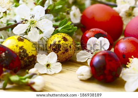 Easter eggs, flowers and fruit trees
