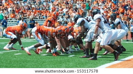 CHAMPAIGN,IL-AUGUST 31: Illinois and SIU line up at the SIU 4 yard line after the Illini defenses fumble recovery on Saturday, Aug 31, 2013.