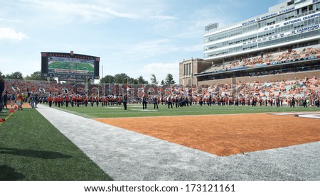 CHAMPAIGN,IL-SEPTEMBER 28: The Illini band pump up the crowd to prepare for a game against Miami-OH on Saturday, Sept 28, 2013.