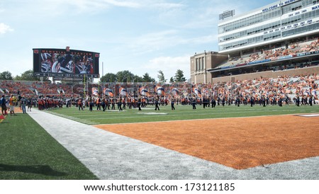 CHAMPAIGN,IL-SEPTEMBER 28: The Illini band pump up the crowd to prepare for a game against Miami-OH on Saturday, Sept 28, 2013.