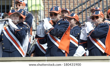 CHAMPAIGN,IL-SEPTEMBER 28: University of Illinois band members play during the game against Miami-OH on Saturday, Sept 28, 2013.