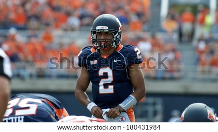 CHAMPAIGN,IL-SEPTEMBER 28: University of Illinois quarterback Nathan Scheelhaase calls out his next play during a game against Miami-OH on Saturday, Sept 28, 2013.