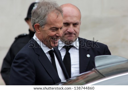 LONDON - APRIL 17: Tony Blair leaves the funeral service for Margaret Thatcher at St. Paul\'s Cathedral and enters his car on April 17, 2013 in London.