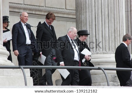 LONDON - APRIL 17: Vince Cable, Danny Alexander, and Eric Pickles leave the funeral service for Margaret Thatcher at St. Paul\'s Cathedral on April 17, 2013 in London.