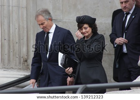 LONDON - APRIL 17: Tony Blair and his wife Cherie leave the funeral service for Margaret Thatcher at St. Paul's Cathedral on April 17, 2013 in London.