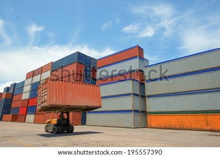 Forklift handling container box loading to truck in import export  zone