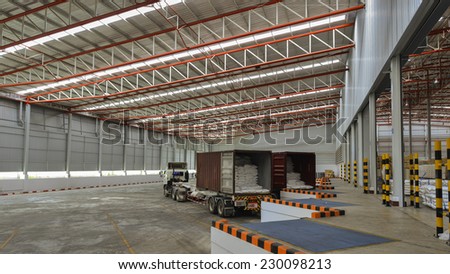 Trucks at loading dock shipping industry warehouse
