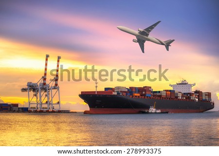Ship for container with working crane bridge in shipyard for Logistic Import Export background
