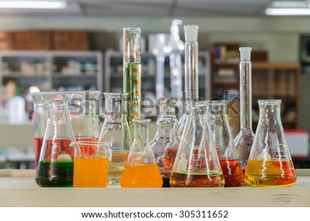 Set of glassware in chemical lab.