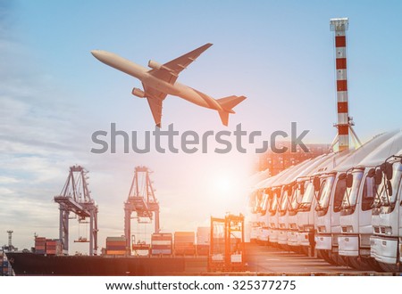 Ship for container with working crane bridge in shipyard for Logistic Import Export background