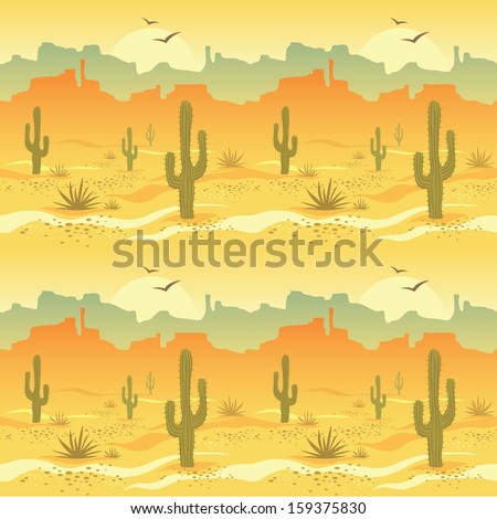 Seamless pattern with desert landscape and cacti in vector