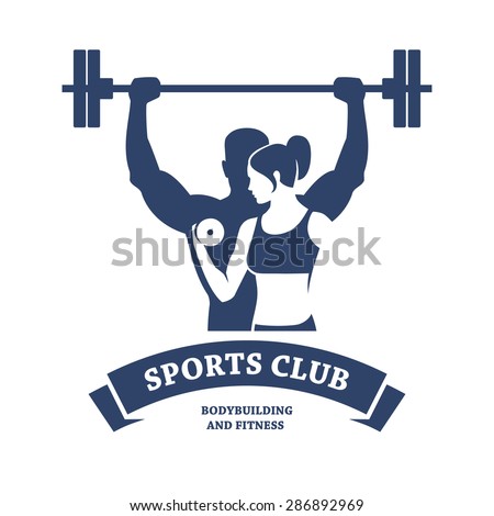 Abstract graphic illustration with silhouettes of man with barbell and woman with dumbbell as a design for logo, banner or poster for bodybuilding or fitness club. Isolated on white background.