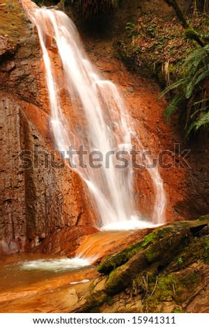 Small  waterfall over red rocks and green fern
