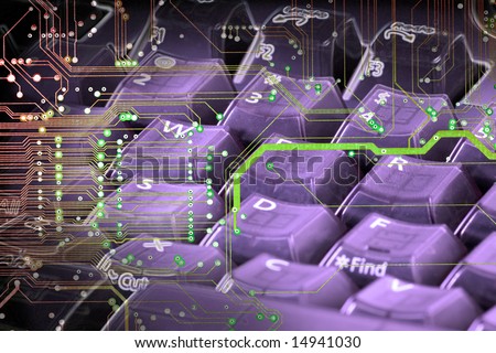 Abstract photo edit of computer keyboard and circuit board.