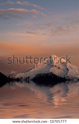 Mountain simulated global warming with water up around the base of the mountain showing reflection at sunset  portrait orientation