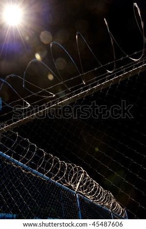 razor wire on top of chain link fence at a right angle with light in background