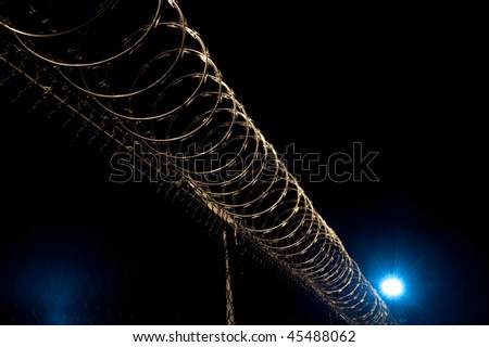 a row of razor wire at night diagonally across frame with street light in background