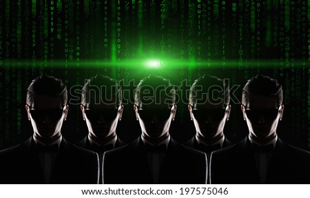 silhouette of five men in jacket. cyber security concept