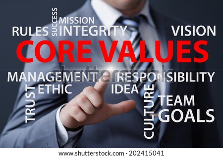 business, technology, internet and networking concept - businessman pressing core values button on virtual screens