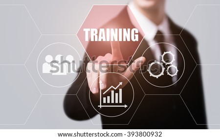 business, technology, internet and virtual reality concept - businessman pressing training button on virtual screens with hexagons and transparent honeycomb