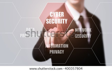 business, technology, internet and virtual reality concept - businessman pressing cyber security button on virtual screens with hexagons and transparent honeycomb