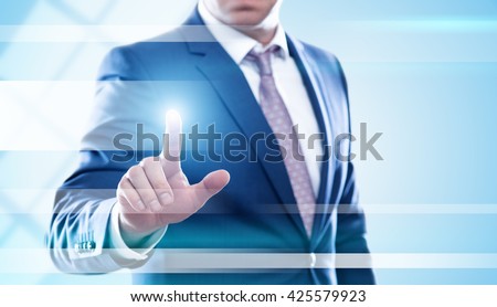 business, technology and internet concept - businessman pressing transparent button on virtual screens. Template for text.