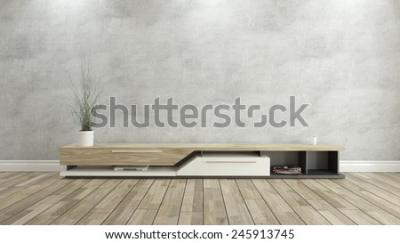 tv stand with concrete wall 3D rendering