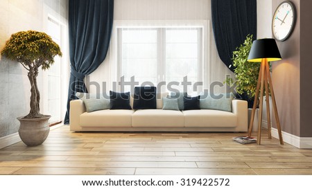 living room or saloon interior design with seat 3d rendering