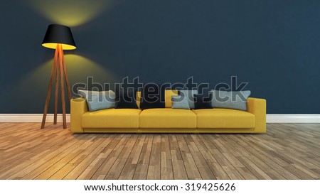 yellow seat with colorful pillow front dark blue wall rendering