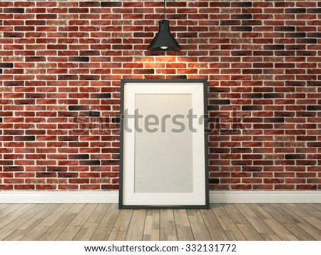 picture frame on the red brick wall and wood floor under spot light for picture, background, template, advertising 3d rendering