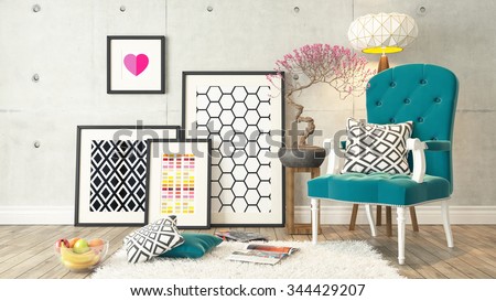 picture frames with blue bergere and concrete wall decor, background, template design 3D rendering