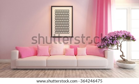 modern pink interior design with pink seat and bonsai tree 3d rendering by sedat seven