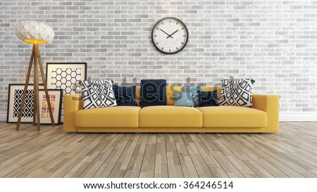 living room or saloon interior design with big wall yellow seat or sofa and picture frames watch 3d rendering by sedat seven