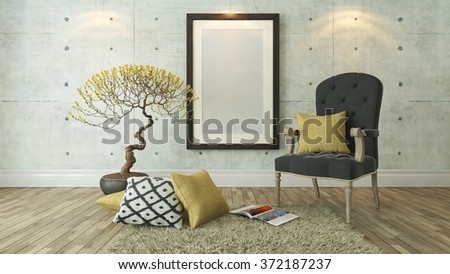 picture frames with gray bergere and yellow pillow decor, background, template design 3d rendering by sedat seven