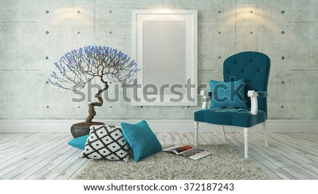 picture frames with blue bergere and concrete wall decor, background, template design 3d rendering by sedat seven