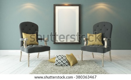 picture frames with dark gray bergeres and light green plaster wall decor, background, template design 3d rendering