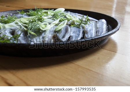 The process of cooking fish. Fresh fish on an old frying pan. Horizontal image