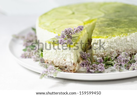 Lime cheesecake decorated with mint flowers, blurred background. From series \