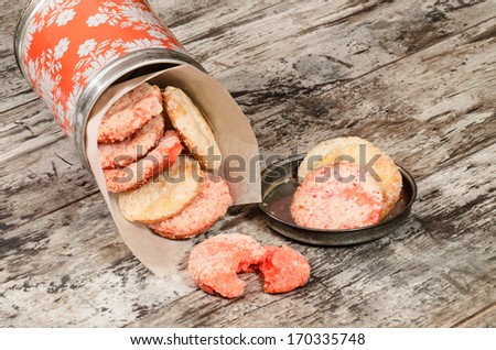 Homemade cookies cottage cheese with sugar in tin box antique From series Winter pastry