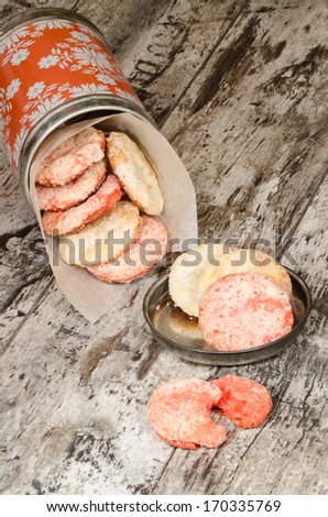 Homemade cookies cottage cheese with sugar in tin box antique From series Winter pastry