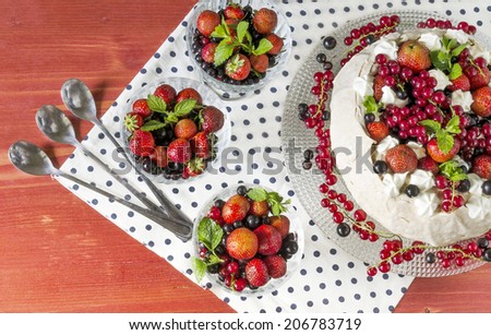 Meringue Cake Pavlova with cream, berries  and mint From series Summer desserts