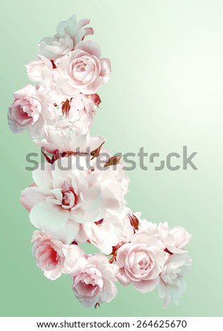 Beautiful vertical frame with a bouquet of white roses with rain drops. Vintage toning image. Overhead view.