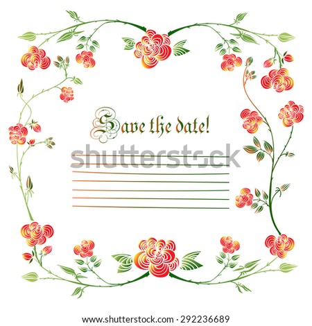 Cute holiday invitation card with rose ornament background. Best for Save The Date, mothers day, valentines day, birthday cards, invitations.