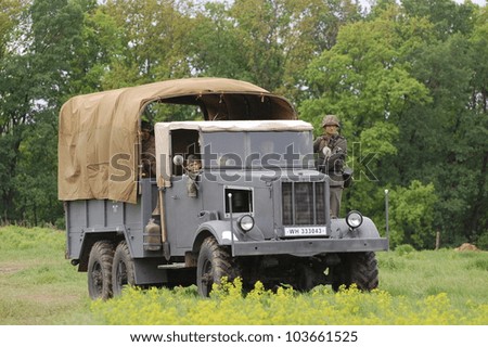 KIEV, UKRAINE -MAY 13: Red Star military history club. German truck of WWII time during historical reenactment of WWII , May 13, 2012 in Kiev, Ukraine