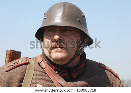 KIEV, UKRAINE - MAY 11 : An unidentified member of Red Star history club wears historical Bulgarian uniform during historical reenactment of WWII on May 11, 2013 in Kiev, Ukraine