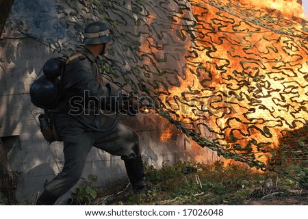 KIEV ,UKRAINE. September 5-6 , 2008. Military history club  Red Star. Historical military reenacting.  Battle for defense line of Stalin.German soldier with flame-thrower.