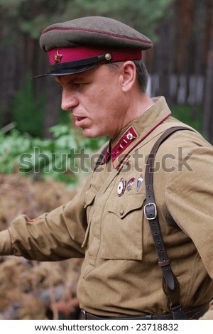 KIEV, UKRAINE, 1 JUNE 2008: Member of military history club Red Star. Person in Soviet WW2 military uniform. Historical military reenacting in Kiev, Ukraine, 1 June, 2008.